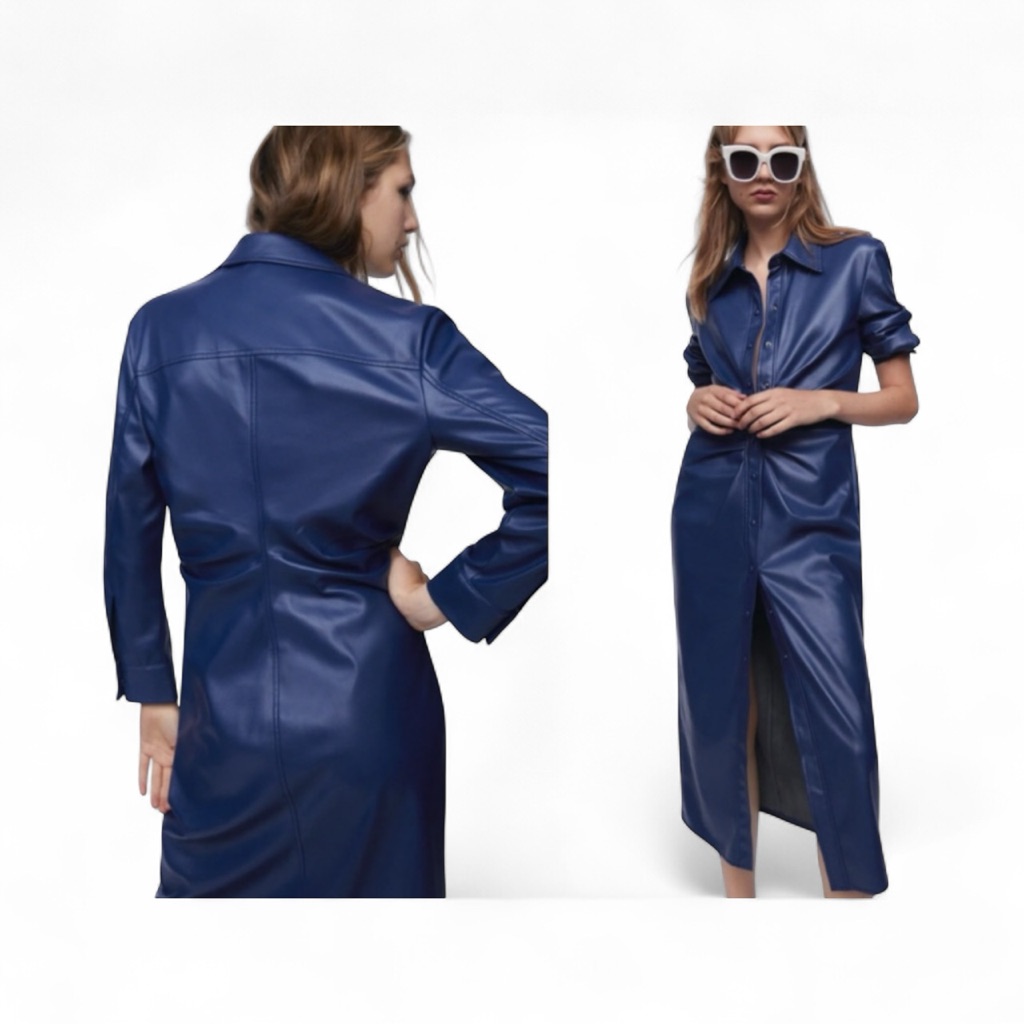 Zara Blue Leather Long Sleeve Maxi Dress